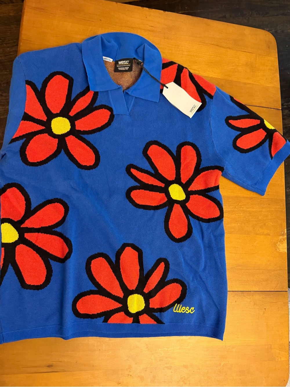WESC Blue Polo Top with Red & Yellow Floral Motif